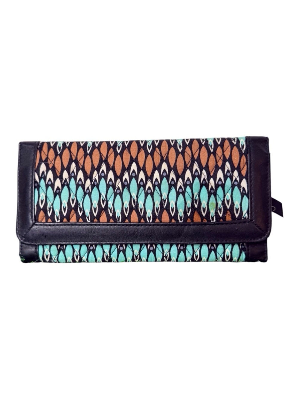 Vera Bradley Tri-fold Wallet Sierra Stream Teal/Brown Black Trim